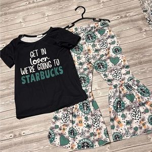 Starbucks. 2 piece Outfit. Black and Green, bell bottom pants. 4T